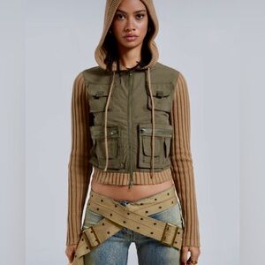 Jaded London Crosby Cargo Jacket Khaki and Camel Hooded Utility Jacket Large